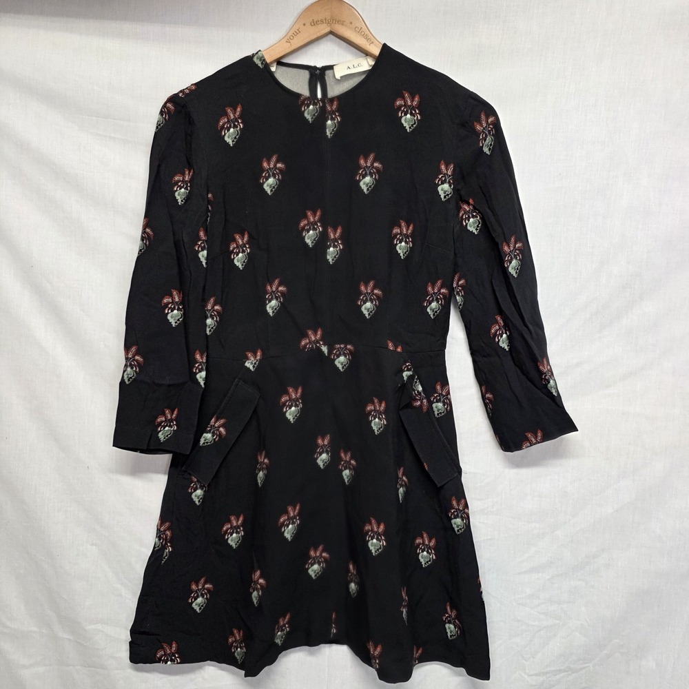 A.L.C The Terry Dress Size 4 Black Floral Print 3/4 Sleeve Mini Silk